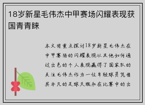 18岁新星毛伟杰中甲赛场闪耀表现获国青青睐 18岁新星毛伟杰中甲赛场闪耀表现获国青青睐