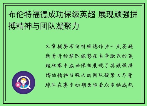 布伦特福德成功保级英超 展现顽强拼搏精神与团队凝聚力 布伦特福德成功保级英超 展现顽强拼搏精神与团队凝聚力
