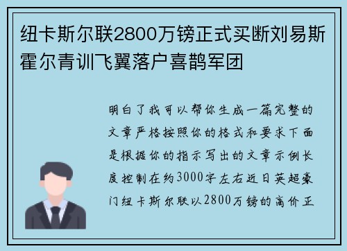 纽卡斯尔联2800万镑正式买断刘易斯霍尔青训飞翼落户喜鹊军团